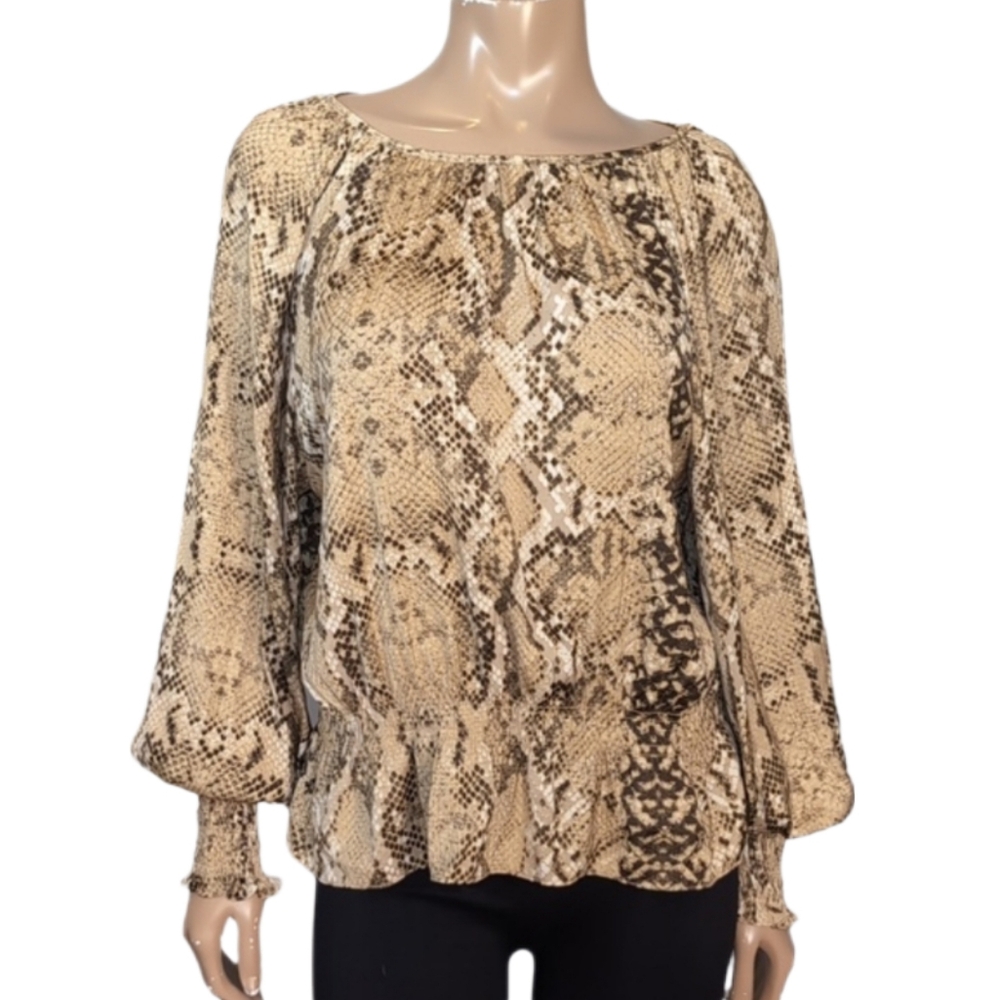 H&M Snake Print Top Womens Size 10 Brown Python Long Sleeve Peplum Blouse